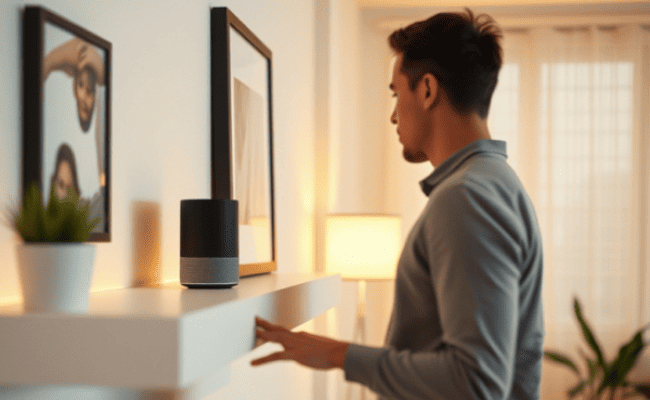 Um homem de perfil em uma sala de estar moderna, com a mão próxima a um smart speaker preto e cinza posicionado em uma prateleira branca. A cena sugere uma interação cotidiana com um assistente virtual, indicando seu papel como um elemento central da vida moderna.