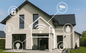 Casa moderna com ícones brancos flutuantes ao redor, representando funções de automação residencial como Wi-Fi, câmera de segurança, termostato, lâmpada inteligente, fechadura eletrônica, sensor de água e botão de ligar/desligar, ilustrando uma casa inteligente.