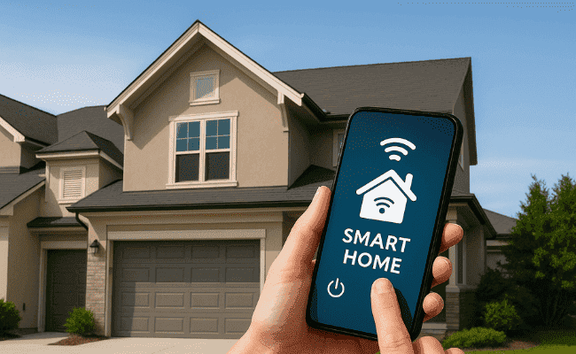 Uma casa futurista estilizada com conexões digitais e símbolos de interrogação, representando a complexidade da decisão de adotar automação.