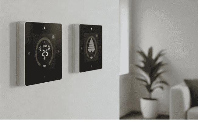 Termostato inteligente moderno exibindo uma temperatura digital, conectado por linhas a ícones de casa, Wi-Fi e um termômetro, simbolizando controle preciso de temperatura.