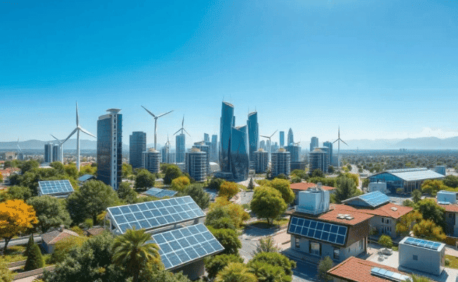 "Cidade sustentável com painéis solares em telhados e turbinas eólicas ao fundo."