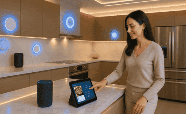 Coleção de diversos gadgets inteligentes modernos flutuando em um ambiente doméstico futurista, com um ponto de interrogação grande e brilhante, questionando o impacto transformador na casa.