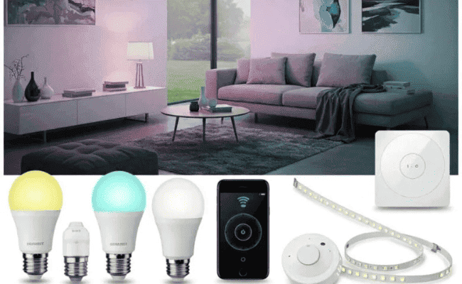 Diversas lâmpadas inteligentes e dispositivos de iluminação (como um interruptor inteligente, sensor de presença, hub)