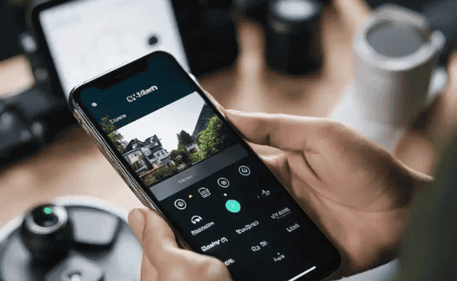 mãos configurando um sistema de alarmes e câmeras inteligentes em smartphone
