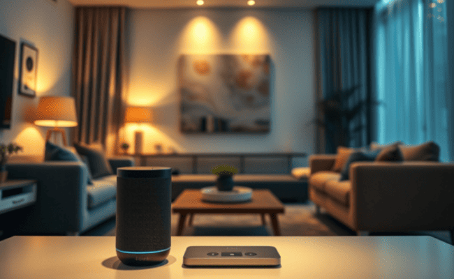 Em primeiro plano, sobre uma superfície clara, um smart speaker preto e um hub de controle de casa inteligente prateado. Em segundo plano, uma sala de estar moderna e aconchegante com iluminação indireta, sofás e uma mesa de centro, representando um ambiente doméstico controlado por inteligência artificial e assistentes virtuais.