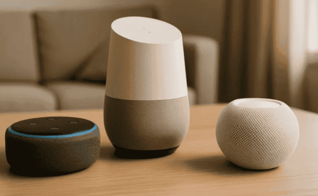 Três smart speakers em uma mesa de madeira: um Amazon Echo Dot (Alexa) preto à esquerda, um Google Home branco e cinza no centro, e um Apple HomePod Mini (Siri) branco à direita, representando os principais assistentes de voz.