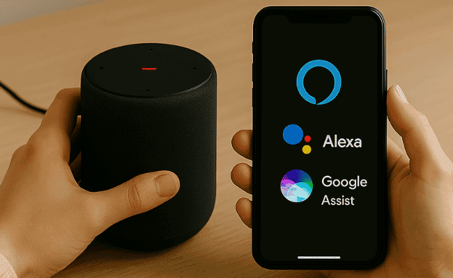 Mãos segurando um smartphone que exibe os logotipos dos aplicativos Alexa e Google Assistant em uma tela escura, enquanto a outra mão segura um smart speaker cilíndrico preto. A imagem representa o processo de configuração de um assistente virtual.