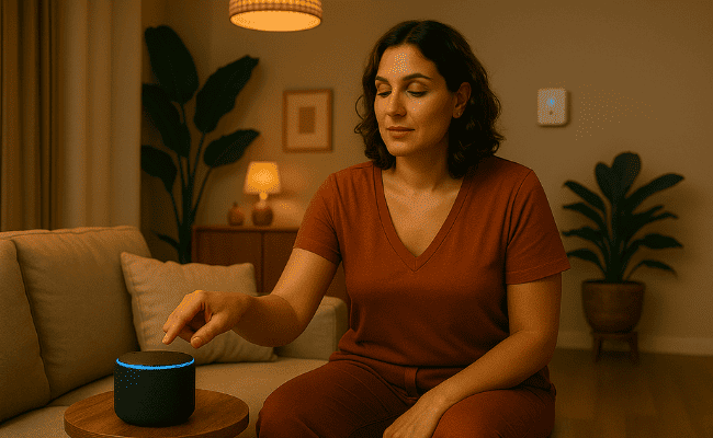 Uma mulher sentada em um sofá confortável, com a mão tocando o topo de um smart speaker cilíndrico preto que tem uma luz azul brilhando. O ambiente é iluminado de forma suave, sugerindo o uso do assistente virtual para organização pessoal ou automação.
