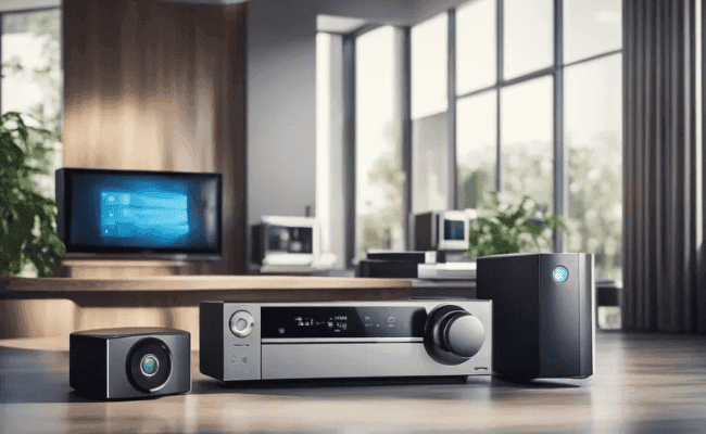 Equipamentos eletrônicos de home theater e dispositivos de automação doméstica de última geração em primeiro plano, como um receptor de áudio/vídeo e um dispositivo de armazenamento de dados, posicionados em um piso de madeira. Ao fundo, uma sala de estar moderna e bem iluminada com uma TV de tela plana montada na parede, sugerindo um ambiente residencial altamente tecnológico.