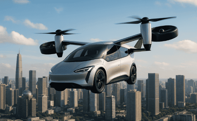 Carro voador moderno decolando em cenário urbano futurista
