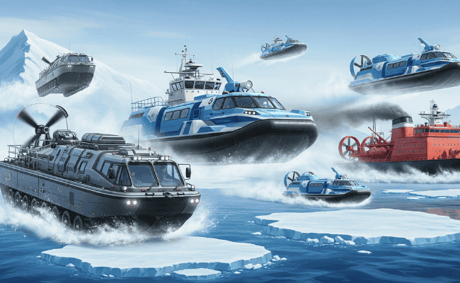 Veículo anfíbio futurista transicionando da terra para a água, com neve ou gelo ao fundo.