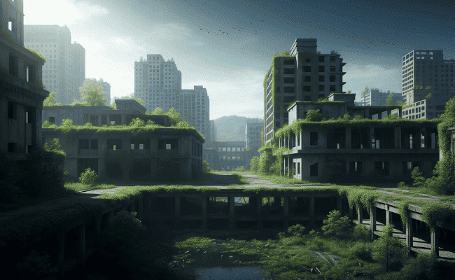 Cenário de uma das Cidades abandonadas mais misteriosas do mundo, com edifícios antigos tomados pela natureza ou areia.