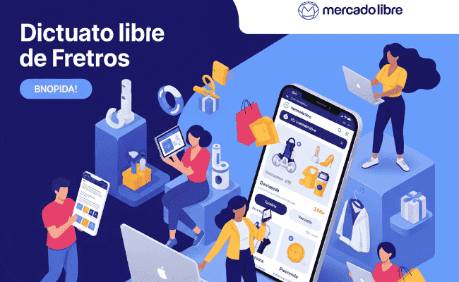 Persona sonriendo mientras utiliza su laptop con el logo de Mercado Libre en la pantalla, rodeada de paquetes de envío y monedas, simbolizando grandes ganancias.