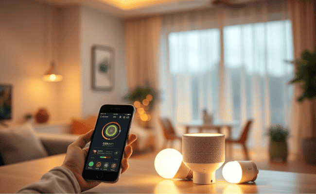 Ambiente de sala de estar moderna com diversas luzes inteligentes ligadas em diferentes cores, demonstrando a inovação para sua casa.
