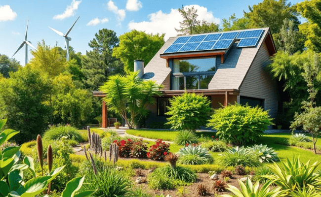 Representação de uma casa inteligente com ícones de energia (lâmpada, tomada)
