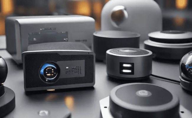 Detector de fumaça inteligente montado no teto, com uma luz indicadora e talvez um ícone de Wi-Fi, e ao fundo uma fumaça sutil ou um símbolo de alarme, representando segurança contra incêndios.