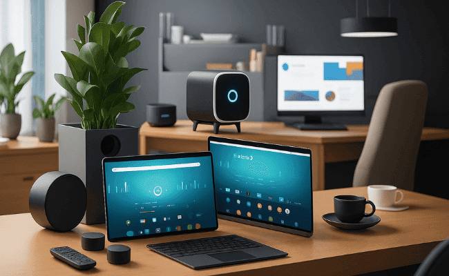 "Dispositivos inteligentes para automação residencial em um escritório, incluindo, computador, tablets e alto-falantes."