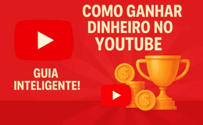 Fundo vermelho vibrante com o logo do YouTube em destaque à esquerda. À direita, uma taça dourada de troféu e pilhas de moedas douradas com o símbolo de dólar. No centro, o texto em amarelo "COMO GANHAR DINHEIRO NO YOUTUBE" e abaixo, em branco, "GUIA INTELIGENTE!".