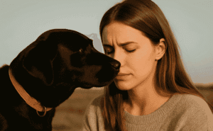 Imagem de um cão farejando algo invisível, com ar curioso, simbolizando detecção de algo além da compreensão humana.