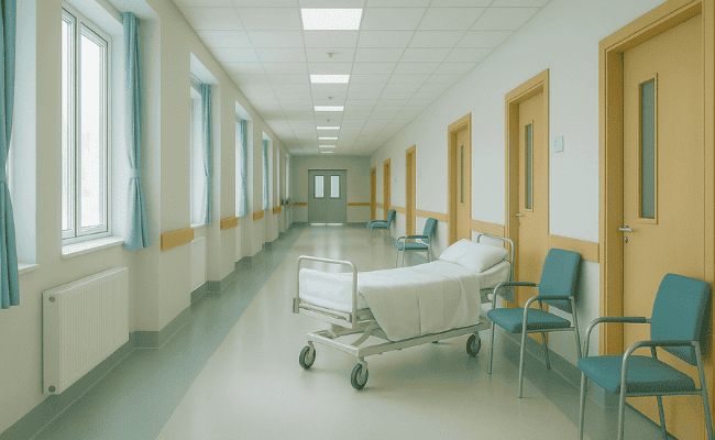 Doenças autoimunes: Corredor de hospital longo e bem iluminado, com janelas à esquerda, várias portas fechadas à direita e uma maca vazia no centro do corredor, transmitindo uma atmosfera de ambiente hospitalar e pesquisa médica.