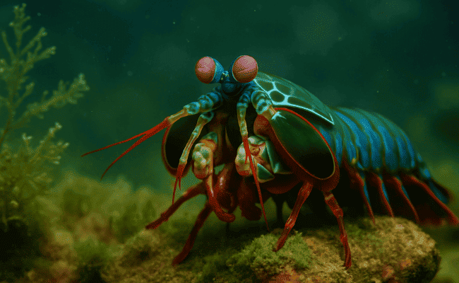Visão quântica: Close-up vibrante de um camarão-louva-a-deus multicolorido (azul, verde, vermelho) sobre um fundo marinho turvo com algas, destacando seus olhos grandes e complexos e suas patas dianteiras poderosas.